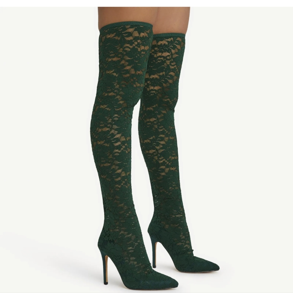 Ego Hunter Green Lace Thigh High Over The Knee Heeled Boots Size 8 New Sexy